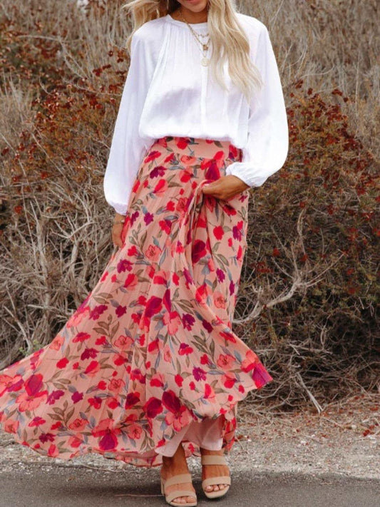 Flower Path Printed Elastic Waist Pleated Maxi Skirt in - Skirts photo