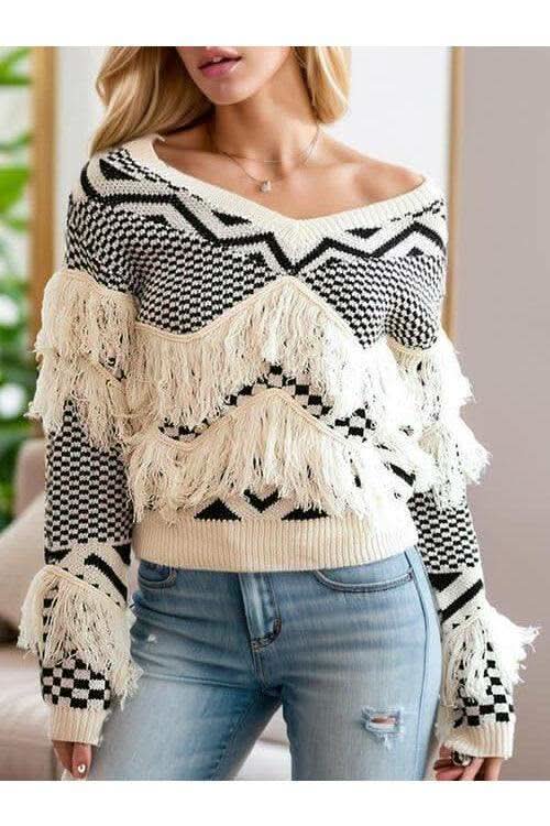 Gemma Geometric Fringe Detail V-Neck Sweater in Beige - Shirts & Tops photo
