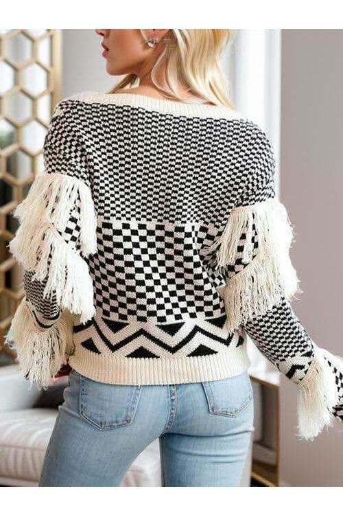 Gemma Geometric Fringe Detail V-Neck Sweater - SwagglyLife Home & Fashion