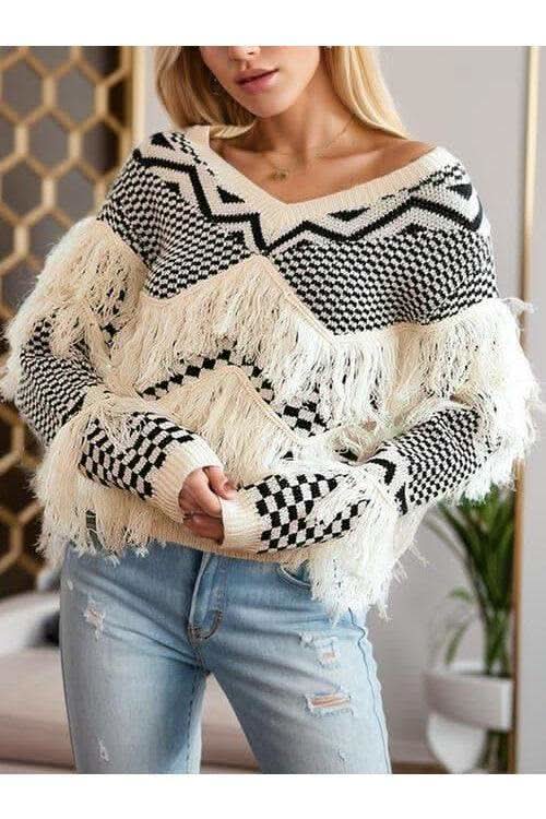 Gemma Geometric Fringe Detail V-Neck Sweater - SwagglyLife Home & Fashion
