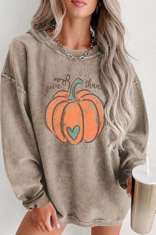 Give Thanks Graphic Round Neck Sweatshirt in Dust Storm - Shirts & Tops photo