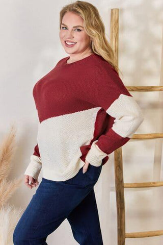 Hailey & Co Full Size Color Block Dropped Shoulder Knit Top - SwagglyLife Home & Fashion