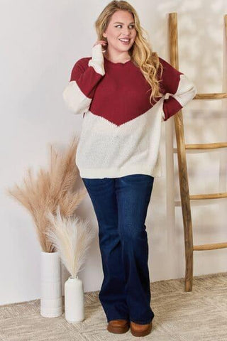 Hailey & Co Full Size Color Block Dropped Shoulder Knit Top - SwagglyLife Home & Fashion