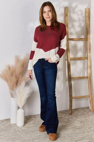 Hailey & Co Full Size Color Block Dropped Shoulder Knit Top - SwagglyLife Home & Fashion