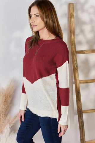 Hailey & Co Full Size Color Block Dropped Shoulder Knit Top - SwagglyLife Home & Fashion
