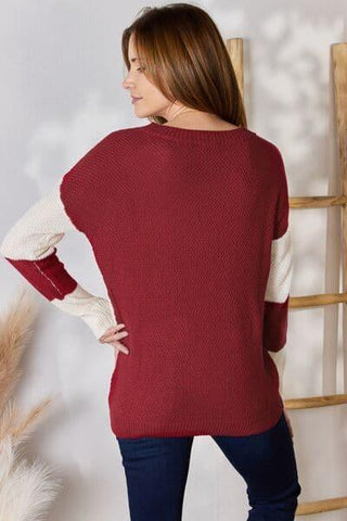 Hailey & Co Full Size Color Block Dropped Shoulder Knit Top - SwagglyLife Home & Fashion