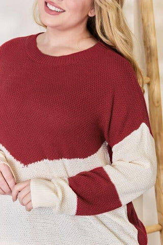 Hailey & Co Full Size Color Block Dropped Shoulder Knit Top - SwagglyLife Home & Fashion