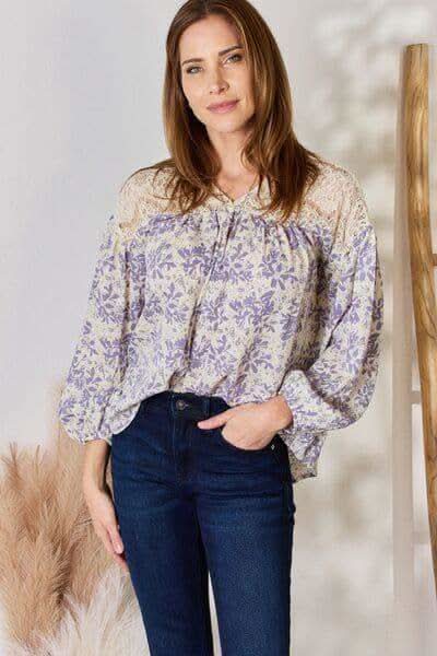 Hailey & Co Full Size Lace Detail Printed Blouse in LILAC - Shirts & Tops photo