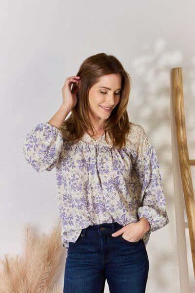 Hailey & Co Full Size Lace Detail Printed Blouse - SwagglyLife Home & Fashion