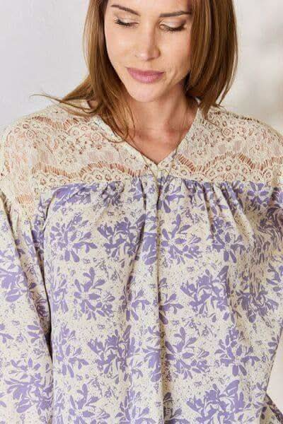 Hailey & Co Full Size Lace Detail Printed Blouse - SwagglyLife Home & Fashion