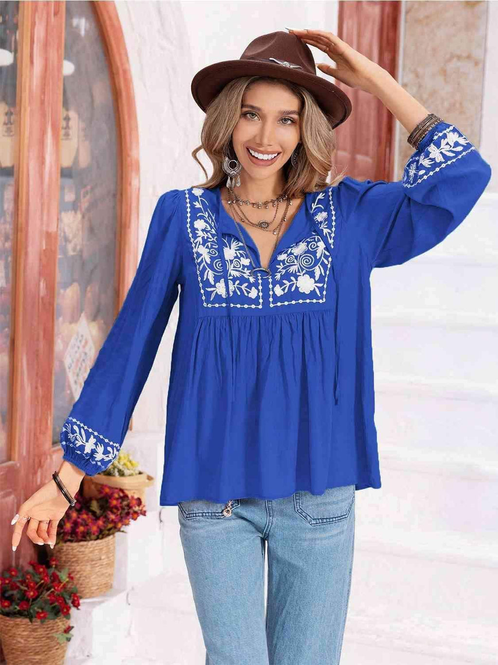 Hayden Floral Tie Neck Balloon Sleeve Blouse - SwagglyLife Home & Fashion