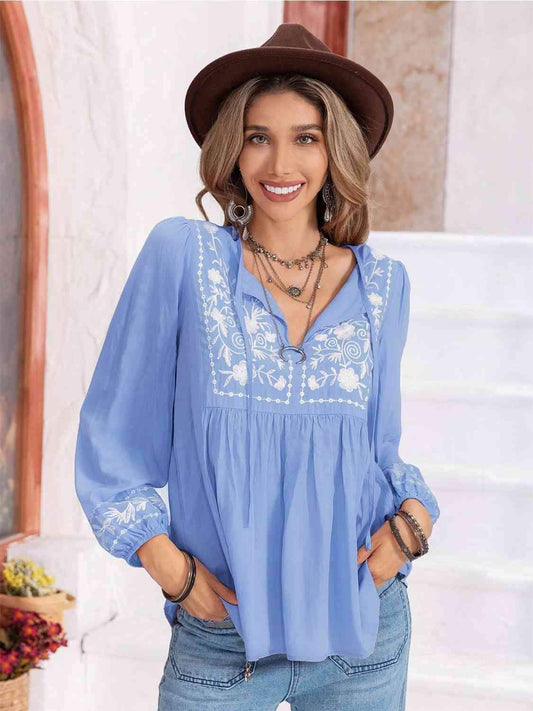 Hayden Floral Tie Neck Balloon Sleeve Blouse in Misty Blue - Shirts & Tops photo