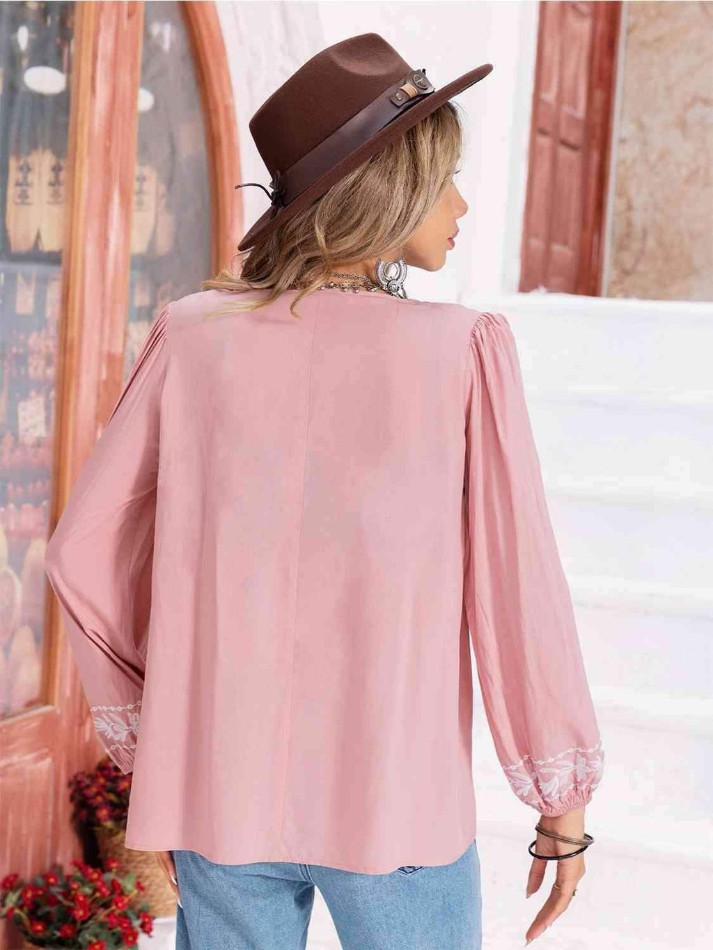 Hayden Floral Tie Neck Balloon Sleeve Blouse - SwagglyLife Home & Fashion