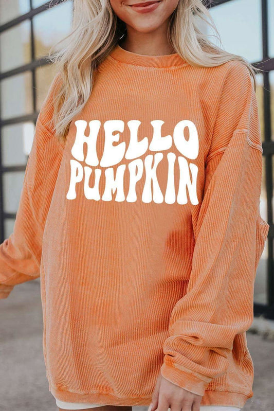 HELLO PUMPKIN Round Neck Graphic Sweatshirt in Pumpkin - Shirts & Tops photo