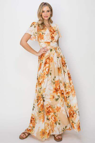 HYFVE Floral Tie Back Short Sleeve Slit Maxi Dress - SwagglyLife Home & Fashion