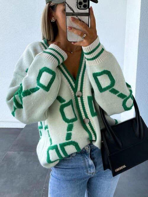 Jackie Geometric Dropped Shoulder Button Down Cardigan in White - Shirts & Tops photo