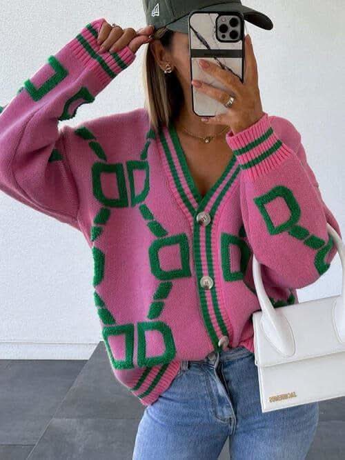 Jackie Geometric Dropped Shoulder Button Down Cardigan in - Shirts & Tops photo