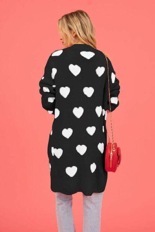 Josie Heart Graphic Open Front Cardigan with Pockets - SwagglyLife Home & Fashion