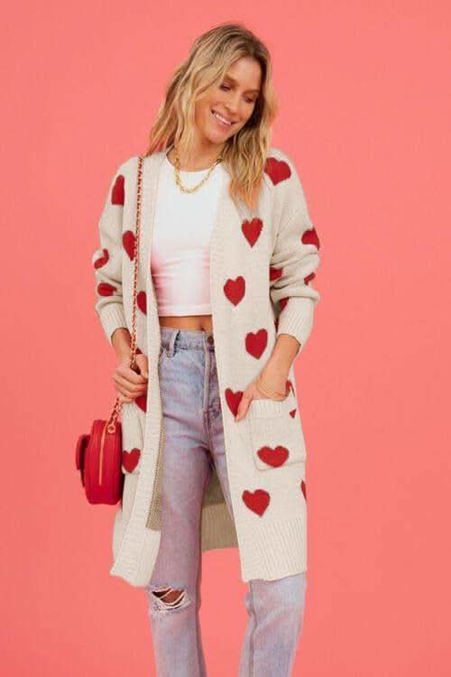 Josie Heart Graphic Open Front Cardigan with Pockets in - Shirts & Tops photo