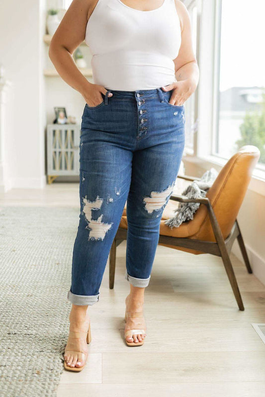Judy Blue Colt High Rise Button Fly Distressed Boyfriend Jeans, 24W -