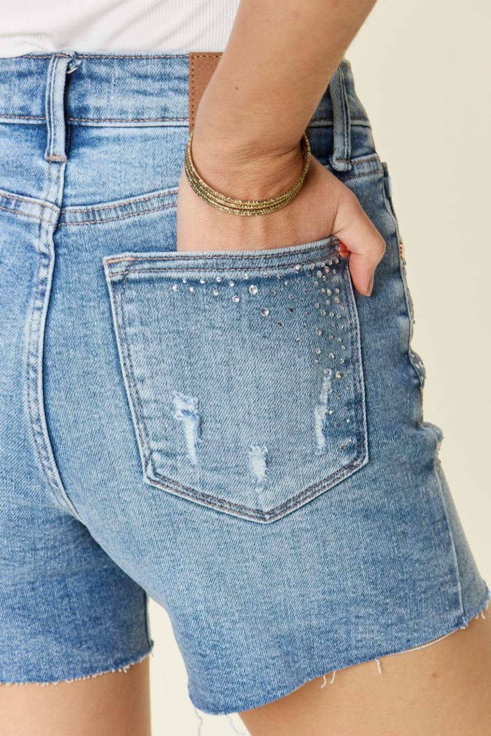 Judy Blue Full Size High Waist Rhinestone Decor Denim Shorts - SwagglyLife Home & Fashion