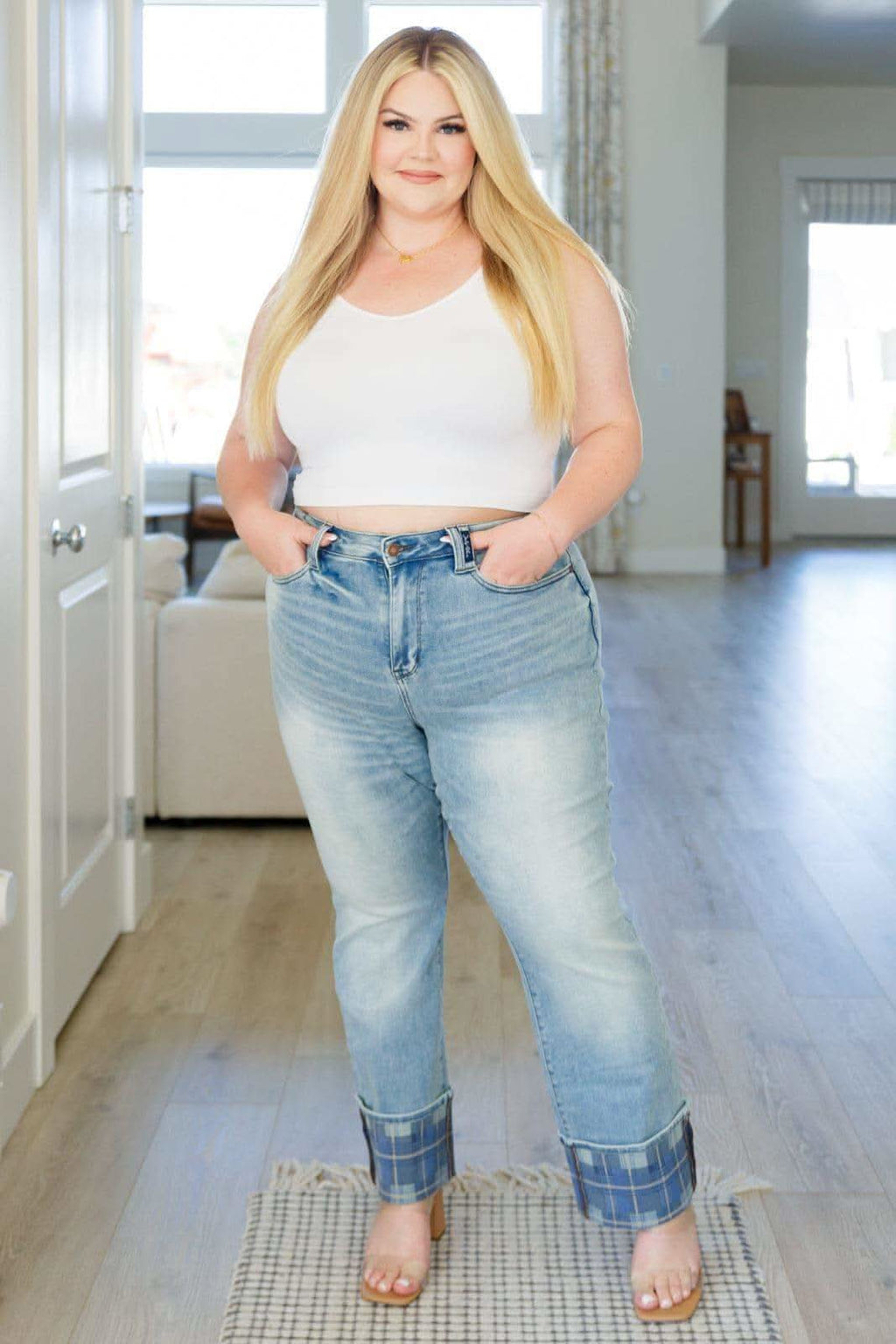 Miranda High Rise Plaid Cuff Vintage Straight Jeans - SwagglyLife Home & Fashion
