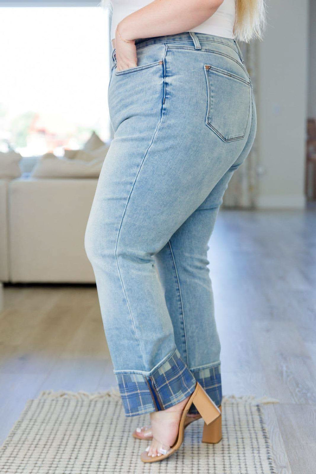 Miranda High Rise Plaid Cuff Vintage Straight Jeans - SwagglyLife Home & Fashion