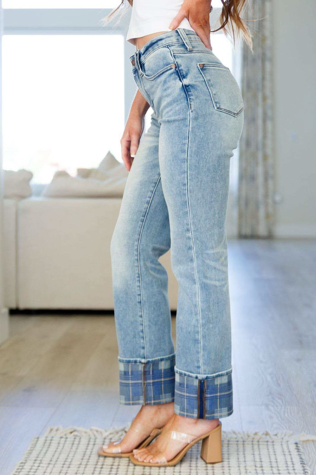 Miranda High Rise Plaid Cuff Vintage Straight Jeans - SwagglyLife Home & Fashion