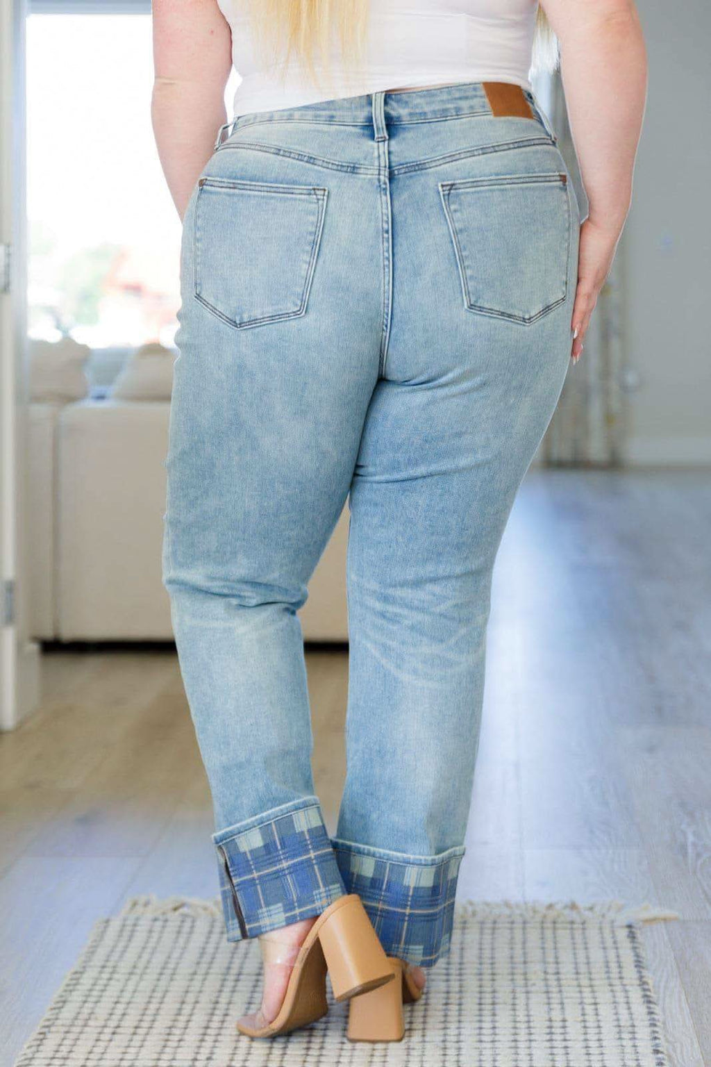 Miranda High Rise Plaid Cuff Vintage Straight Jeans - SwagglyLife Home & Fashion