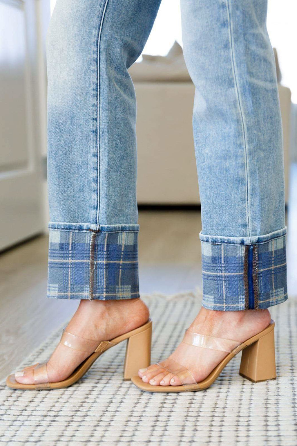 Miranda High Rise Plaid Cuff Vintage Straight Jeans - SwagglyLife Home & Fashion