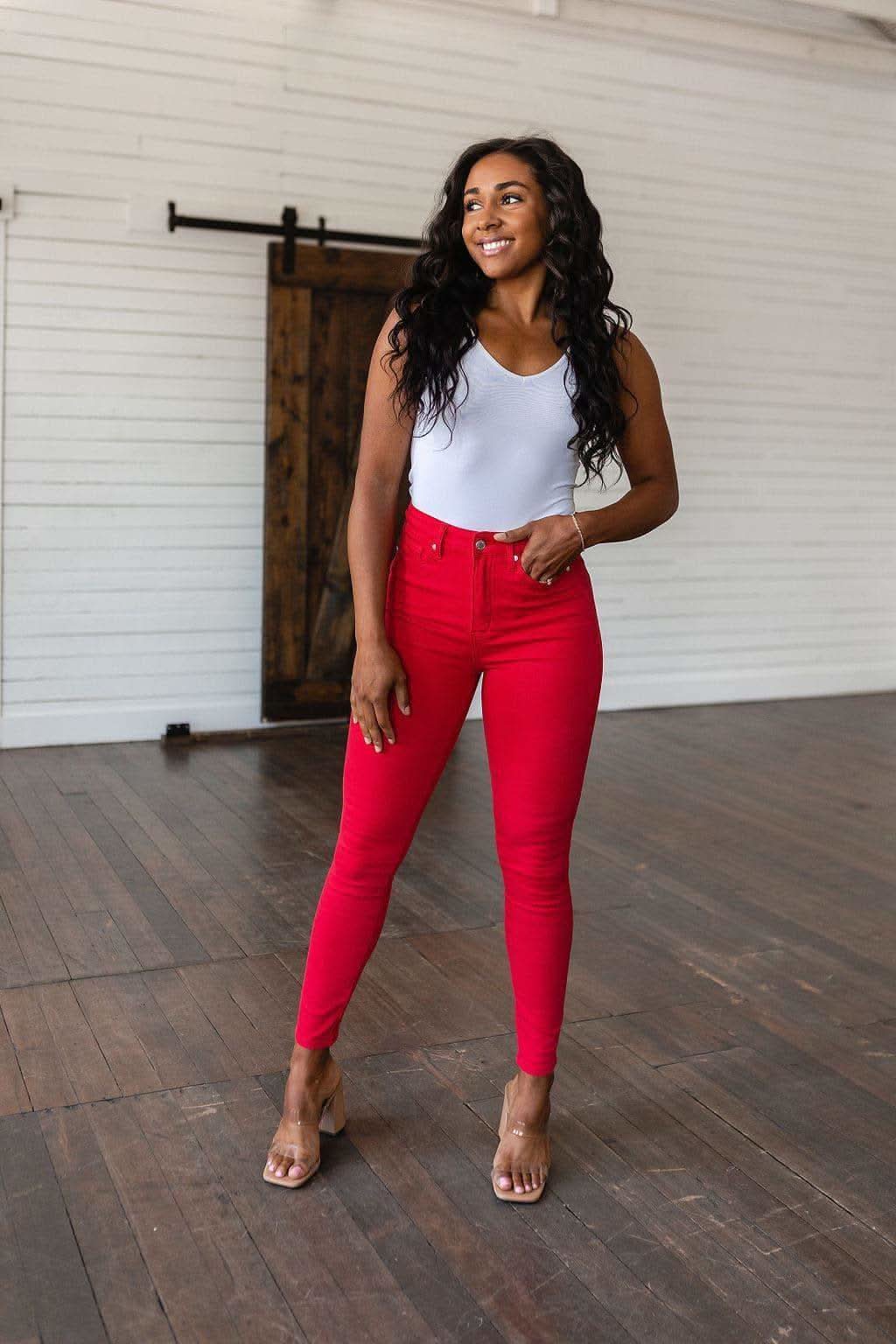 Judy Blue Ruby High Rise Control Top Garment Dyed Skinny Jeans in Red - SwagglyLife Home & Fashion