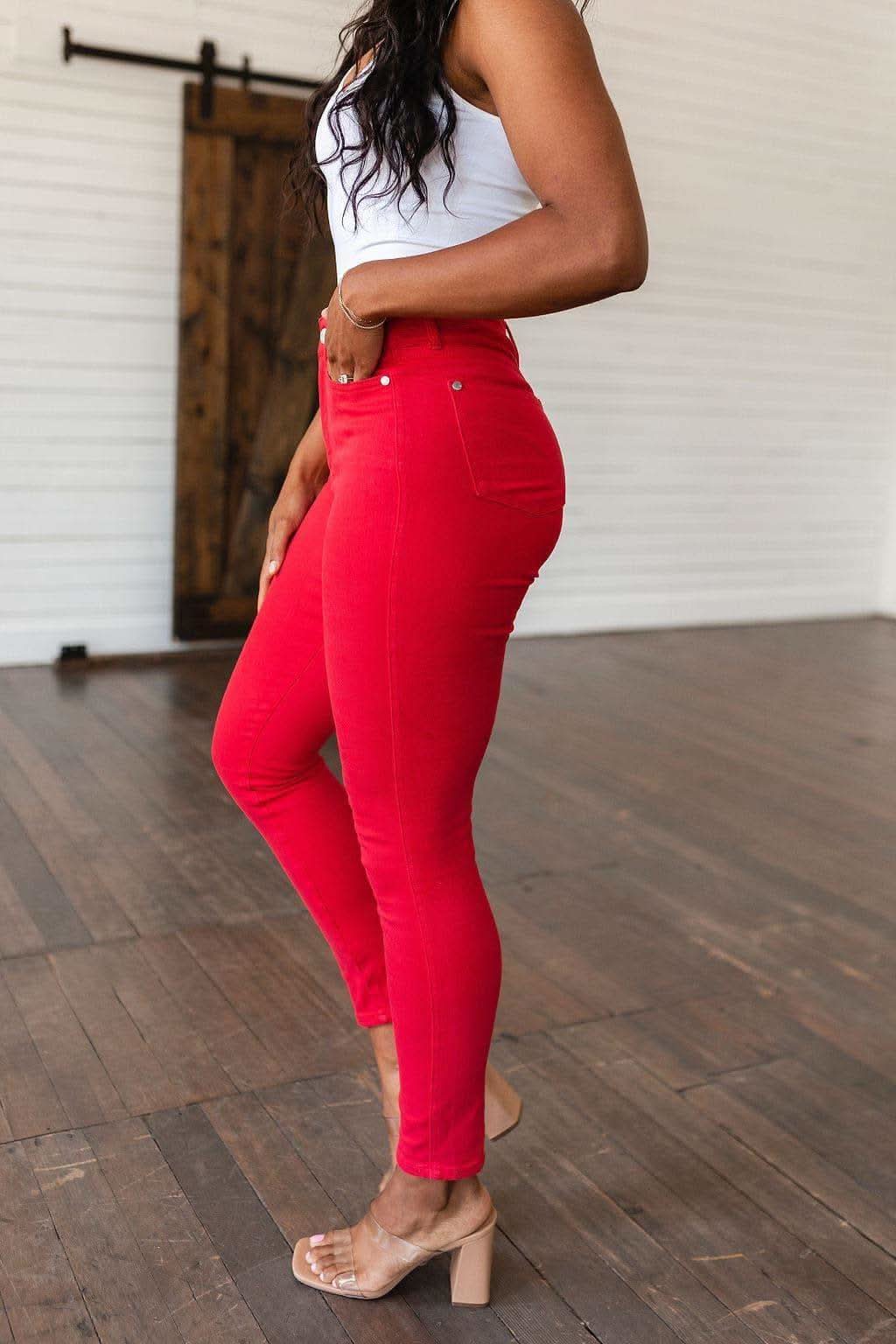 Judy Blue Ruby High Rise Control Top Garment Dyed Skinny Jeans in Red - SwagglyLife Home & Fashion