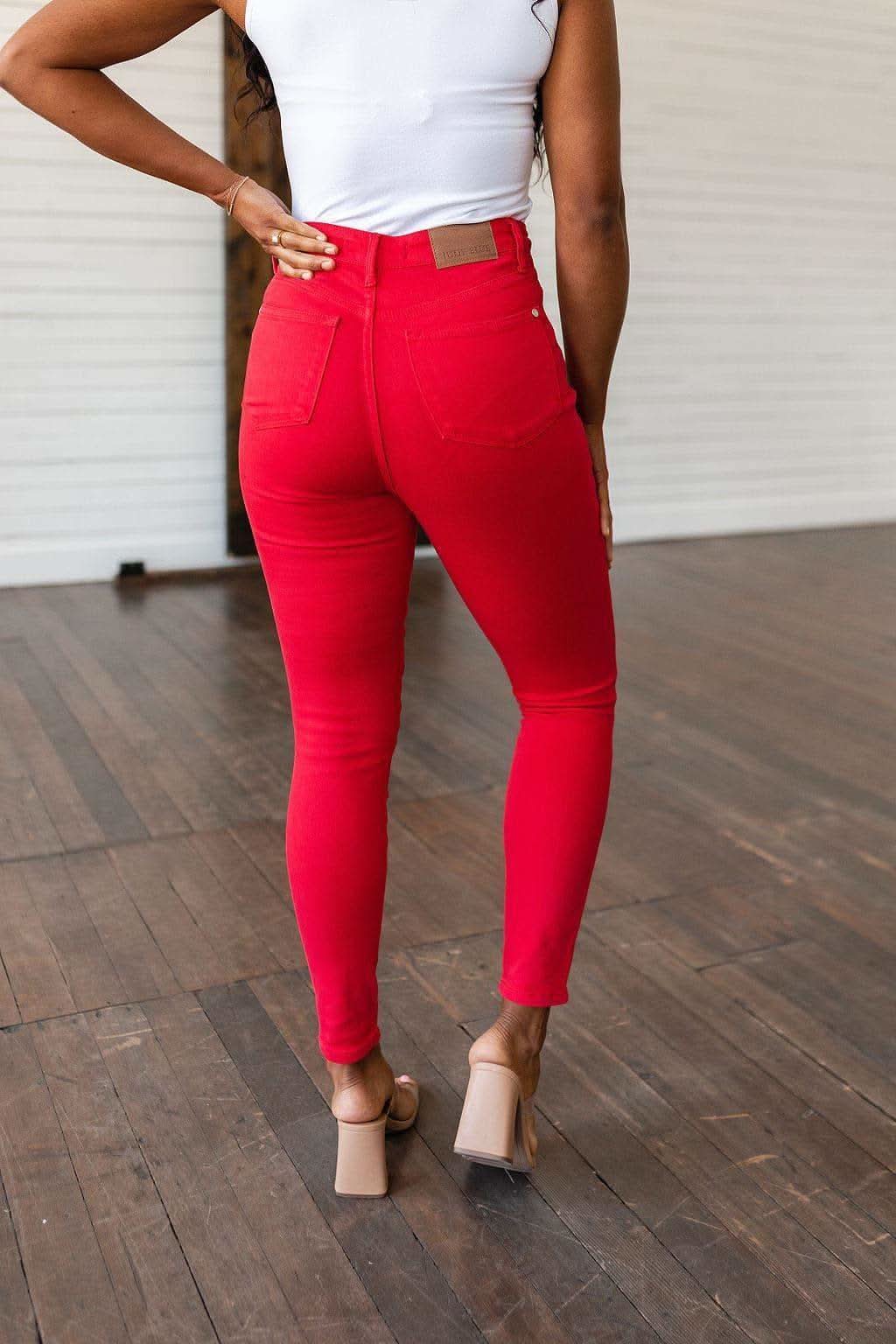 Judy Blue Ruby High Rise Control Top Garment Dyed Skinny Jeans in Red - SwagglyLife Home & Fashion