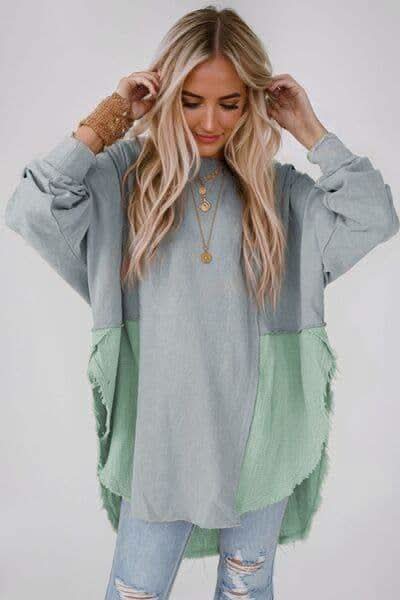 Karla Contrast Texture Round Neck Long Sleeve Blouse - SwagglyLife Home & Fashion