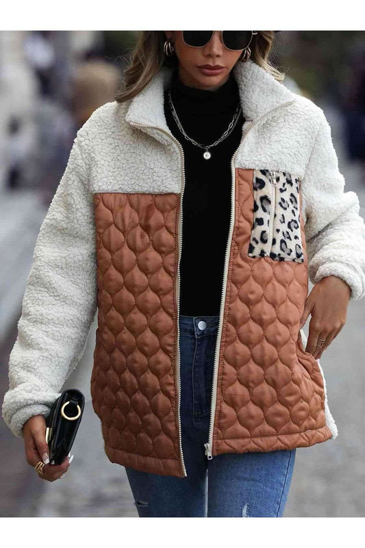 Leona Leopard Color Block Zip-Up Jacket, Multiple Colors in Caramel - Coats & Jackets photo