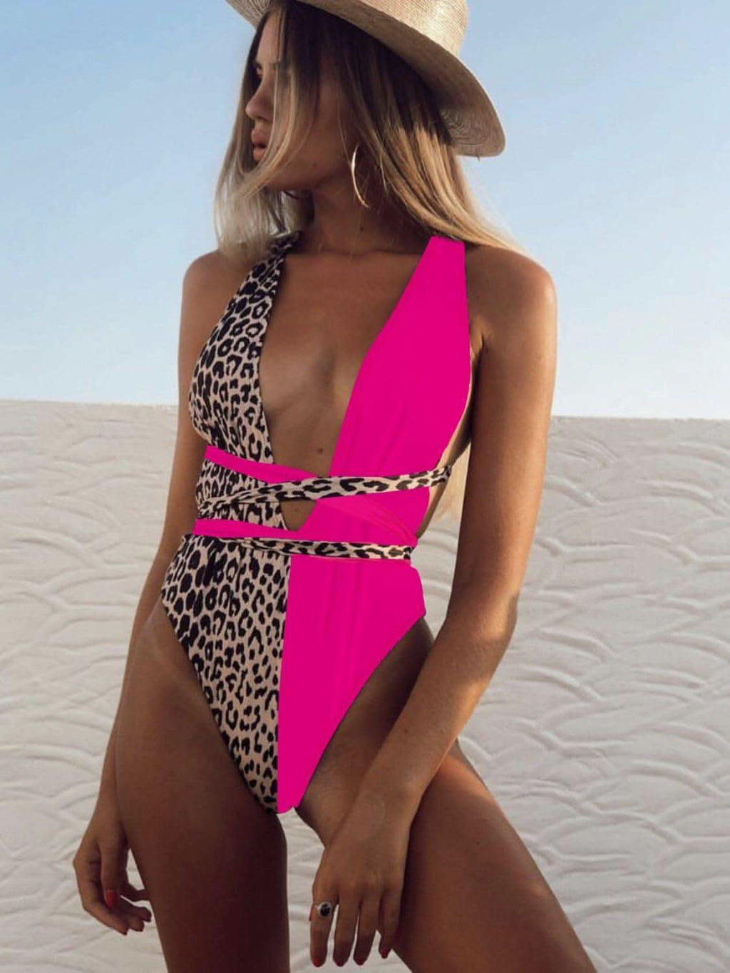 Leona Tied Leopard Plunge One-Piece Swimwear - SwagglyLife Home & Fashion