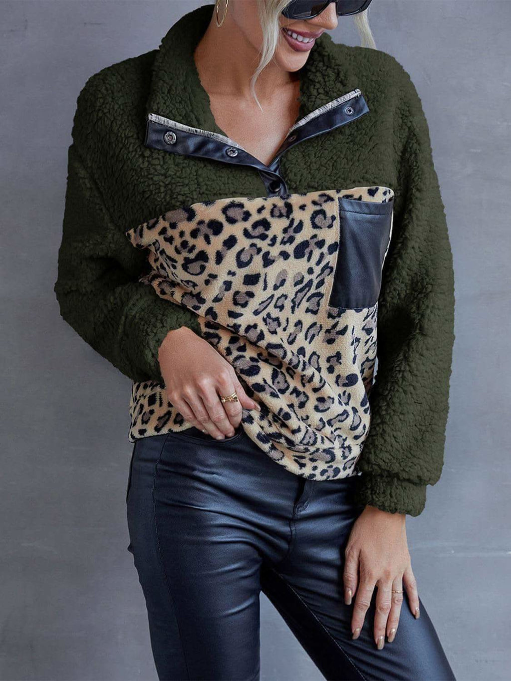 Leopard Quarter-Snap Teddy Sweatshirt, 3 Colors - SwagglyLife Home & Fashion