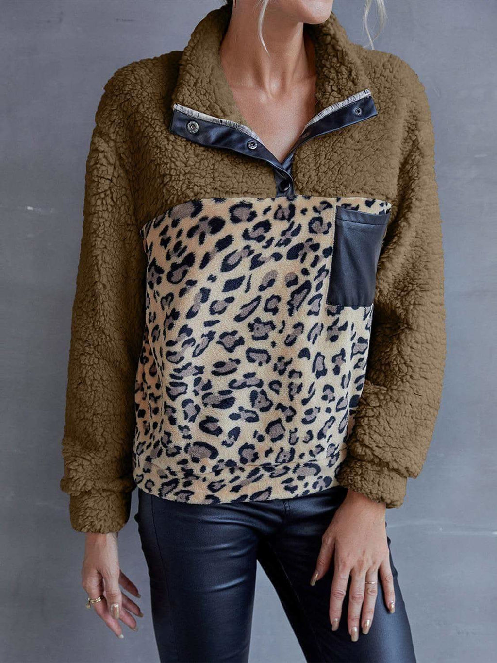 Leopard Quarter-Snap Teddy Sweatshirt, 3 Colors - SwagglyLife Home & Fashion