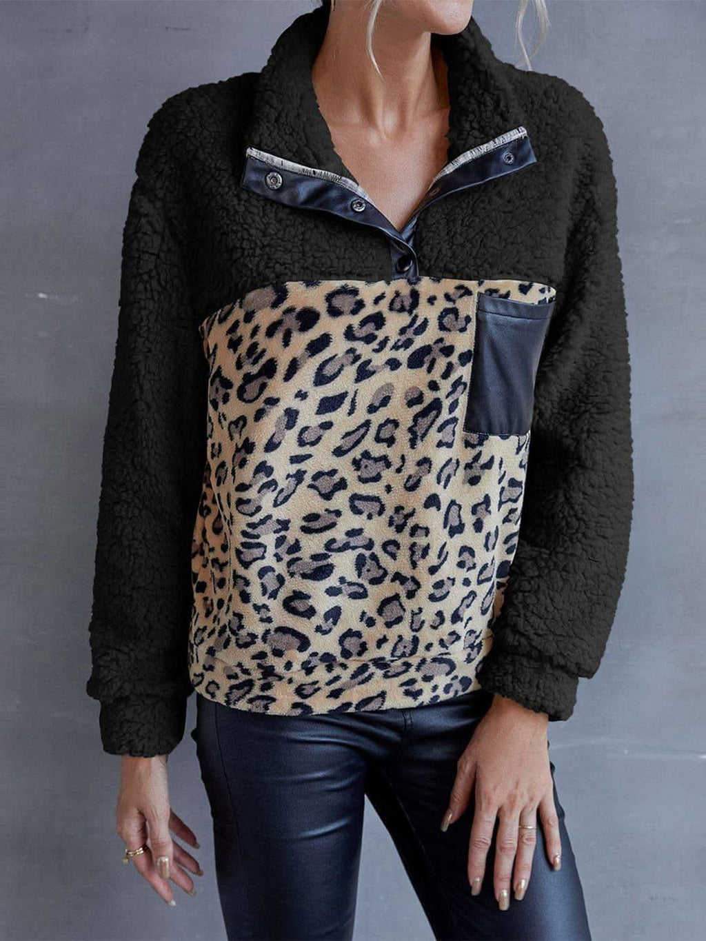 Leopard Quarter-Snap Teddy Sweatshirt, 3 Colors - SwagglyLife Home & Fashion