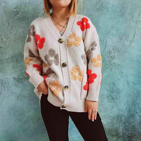 Lola Floral V-Neck Button Up Cardigan with Pockets in Ivory - Shirts & Tops photo