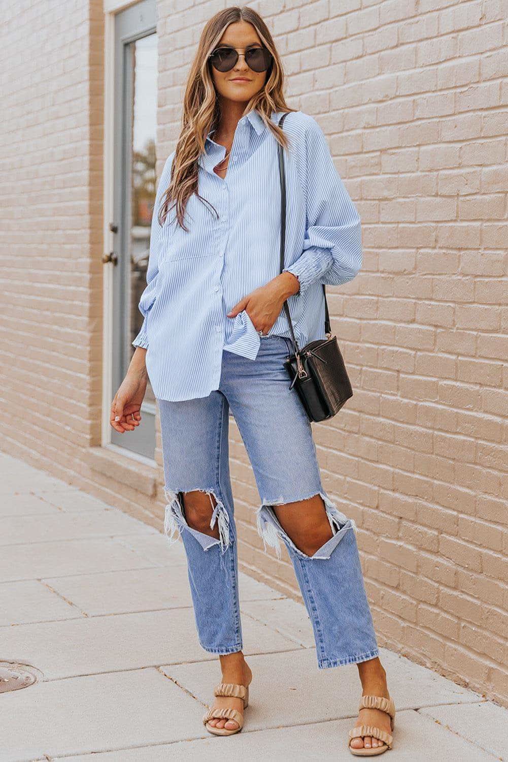 Striped Lantern Sleeve Collared Shirt, 3 Colors - SwagglyLife Home & Fashion