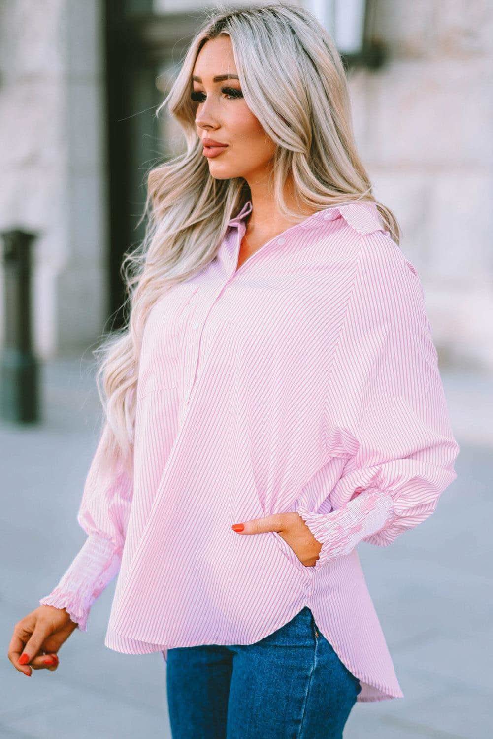 Striped Lantern Sleeve Collared Shirt, 3 Colors - SwagglyLife Home & Fashion