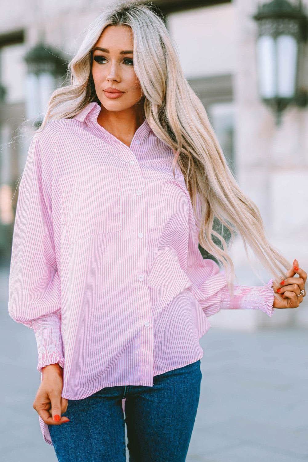 Striped Lantern Sleeve Collared Shirt, 3 Colors - SwagglyLife Home & Fashion