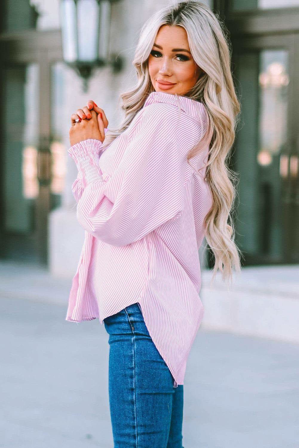 Striped Lantern Sleeve Collared Shirt, 3 Colors - SwagglyLife Home & Fashion