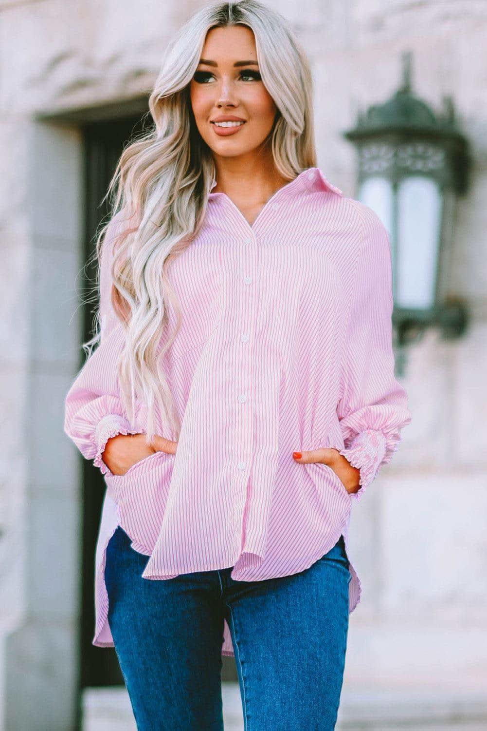 Striped Lantern Sleeve Collared Shirt, 3 Colors - SwagglyLife Home & Fashion