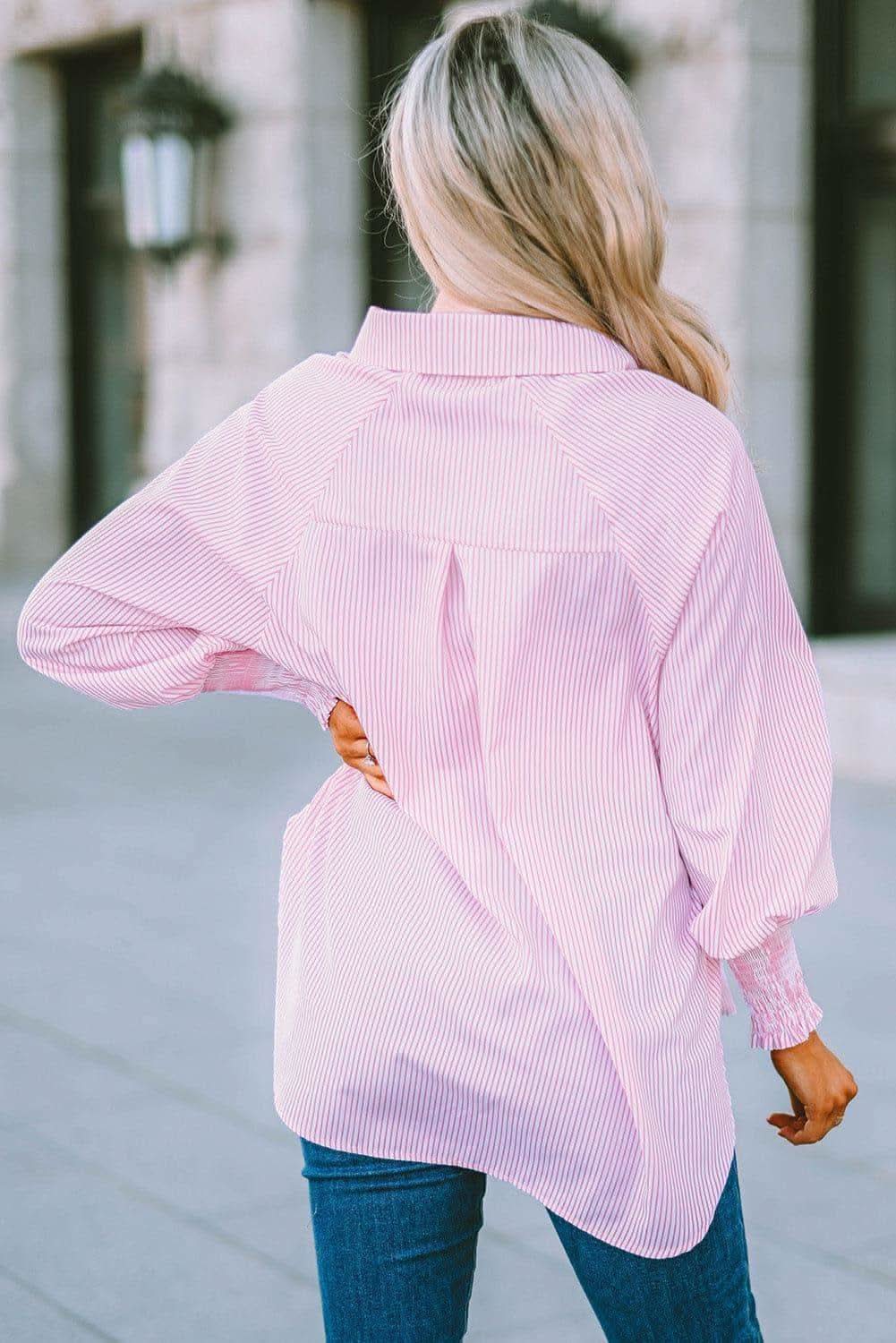 Striped Lantern Sleeve Collared Shirt, 3 Colors - SwagglyLife Home & Fashion