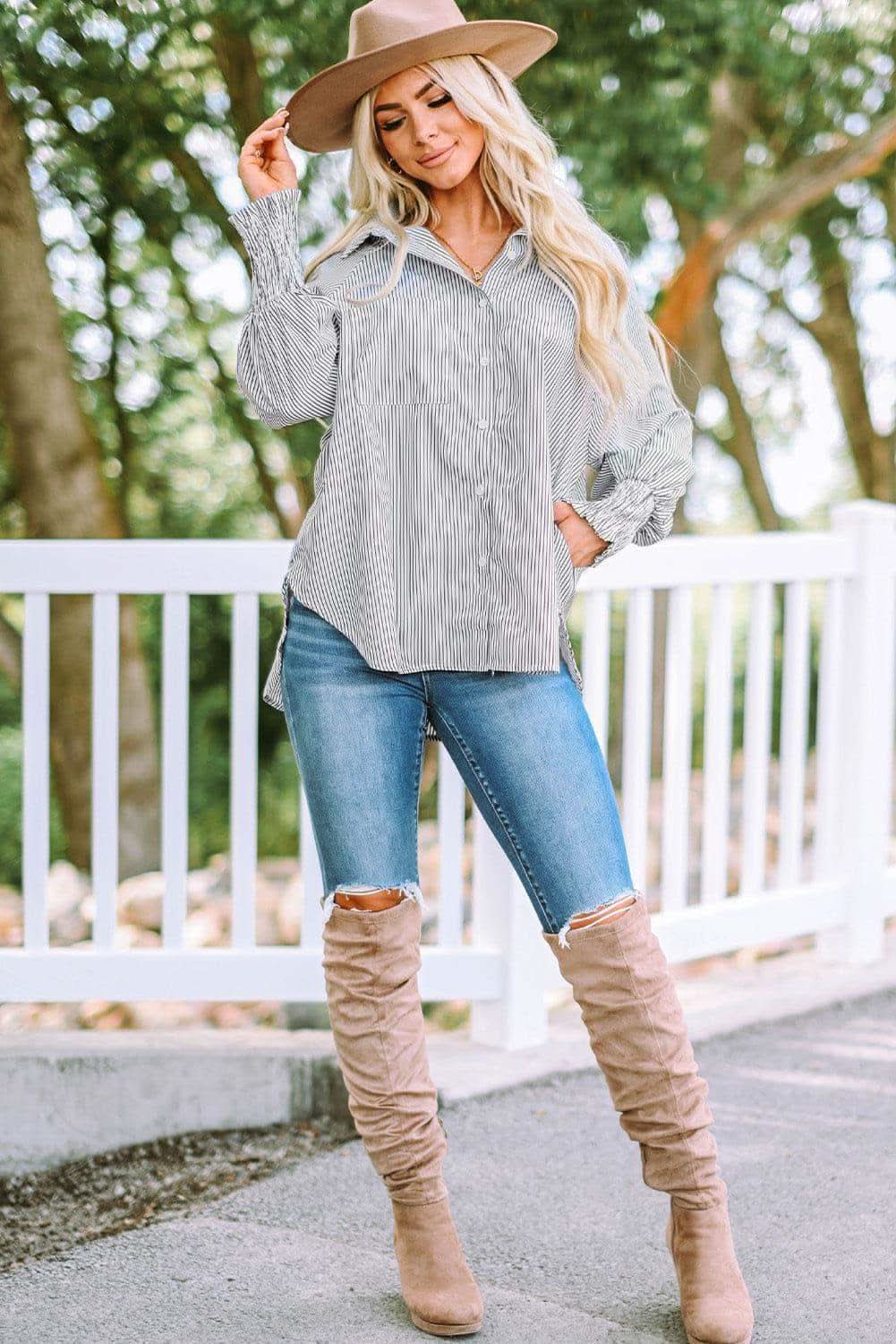 Striped Lantern Sleeve Collared Shirt, 3 Colors - SwagglyLife Home & Fashion