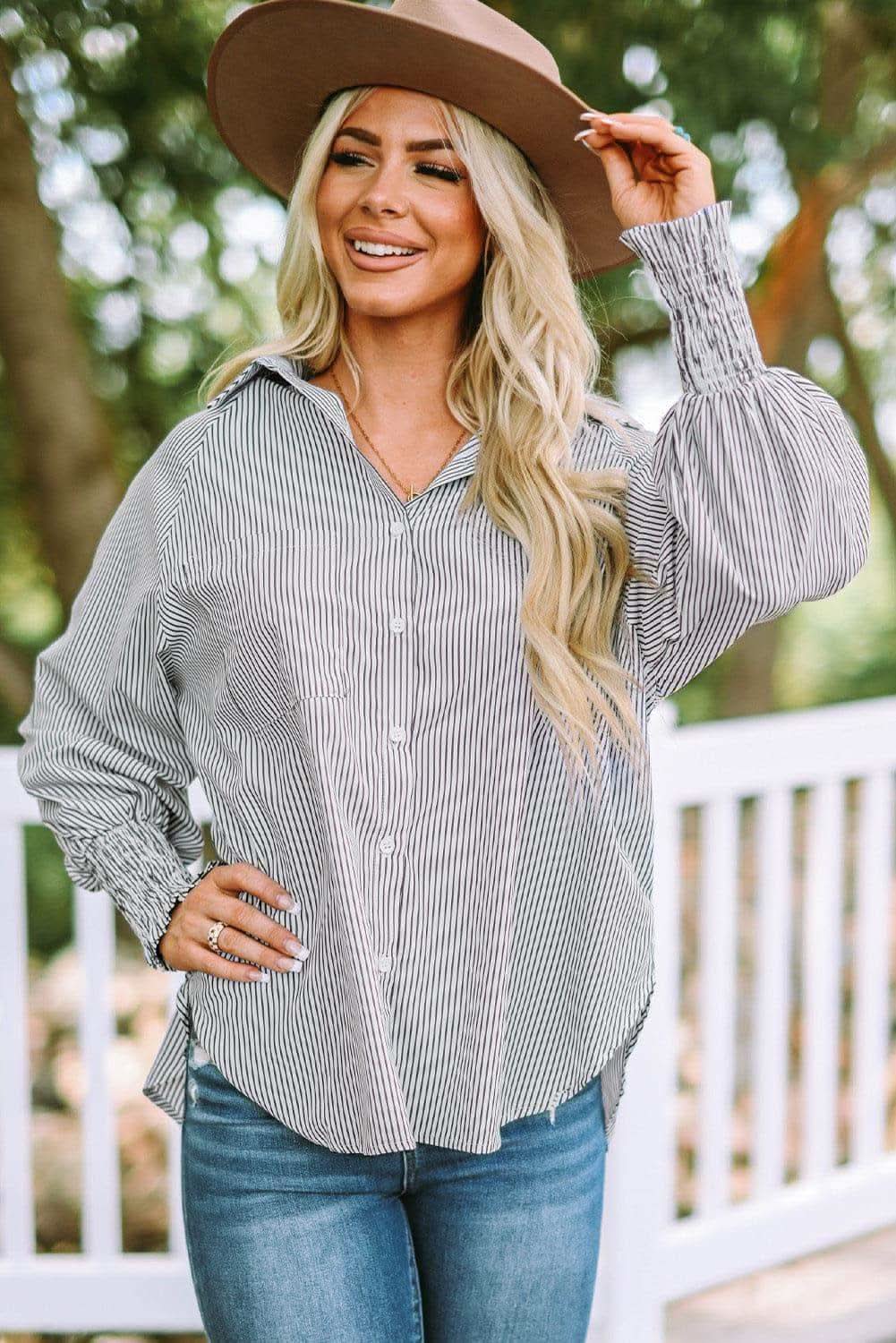 Striped Lantern Sleeve Collared Shirt, 3 Colors - SwagglyLife Home & Fashion