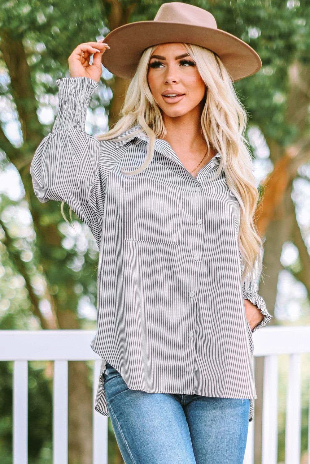 Striped Lantern Sleeve Collared Shirt, 3 Colors - SwagglyLife Home & Fashion