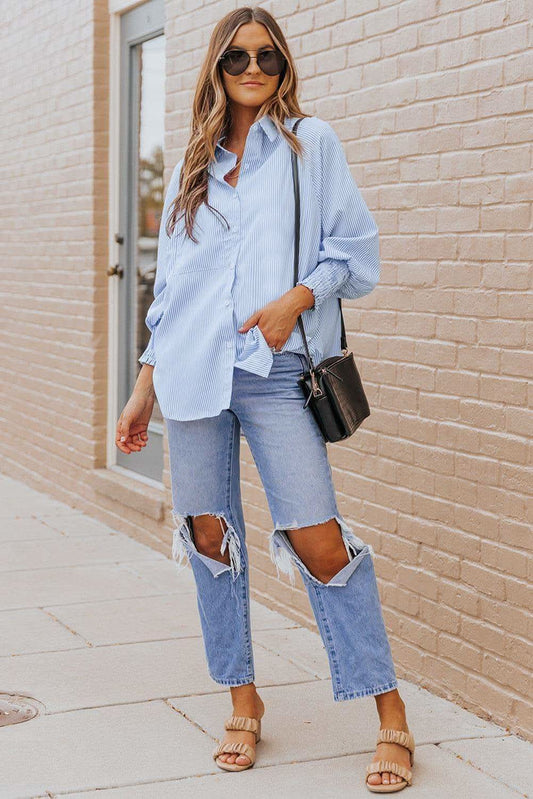 Lola Striped Lantern Sleeve Collared Shirt, 3 Colors in - Shirts & Tops photo